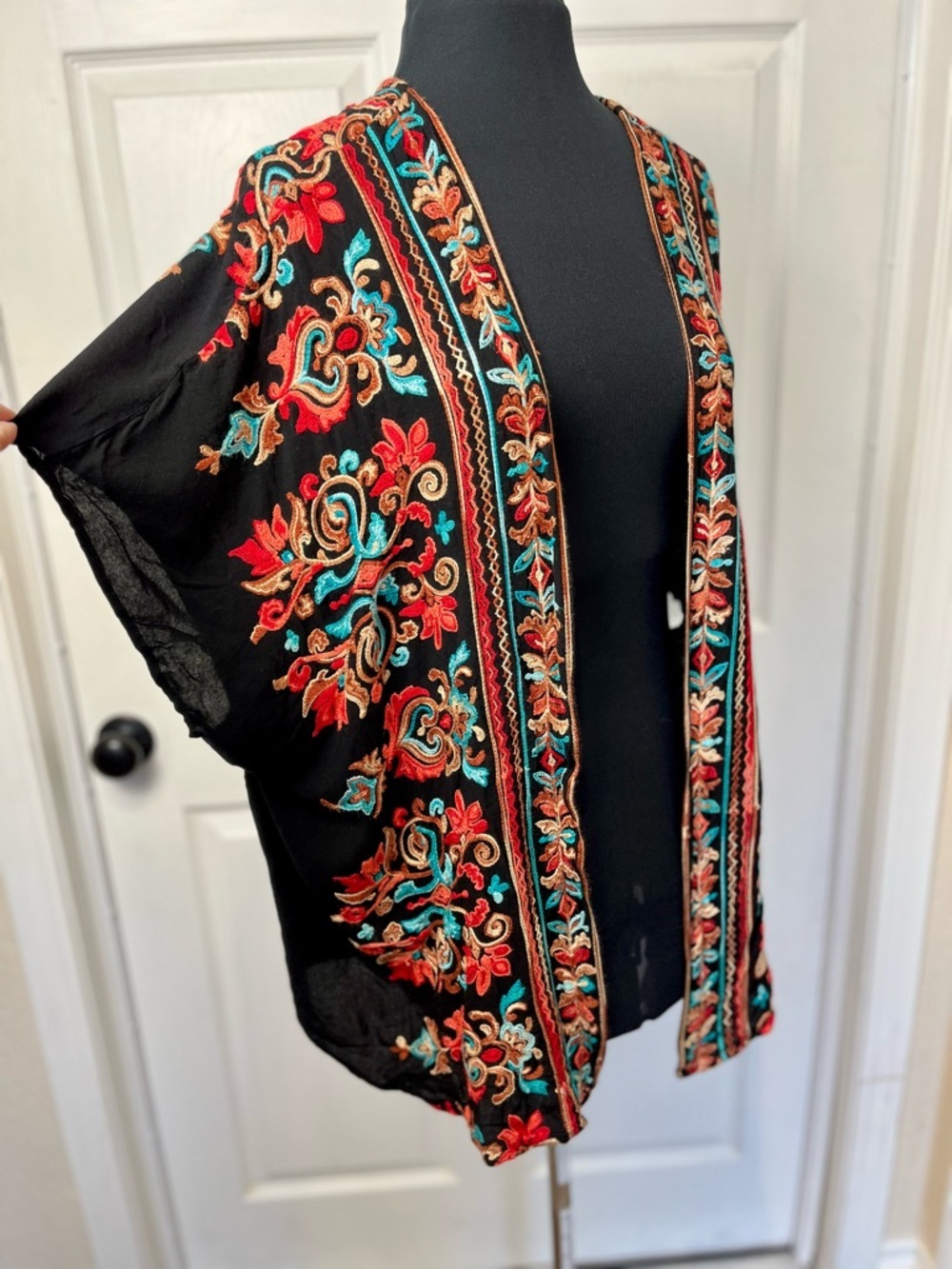 Umgee | Black Embroidered Floral Boho Gauzy Kimono Festival Topper, Small/Medium